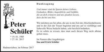 Traueranzeige von Peter Schüler  von Magdeburger Volksstimme