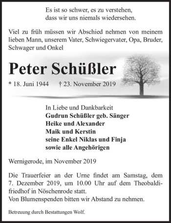 Traueranzeige von Peter Schüßler  von Magdeburger Volksstimme