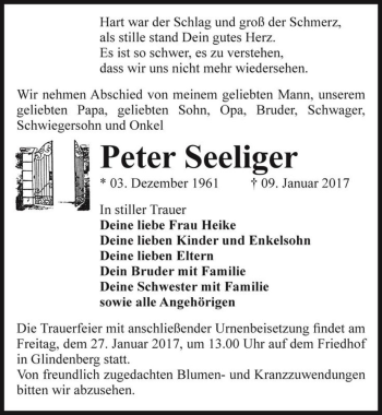 Traueranzeige von Peter Seeliger  von Magdeburger Volksstimme