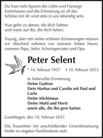 Traueranzeige von Peter Selent  von Magdeburger Volksstimme