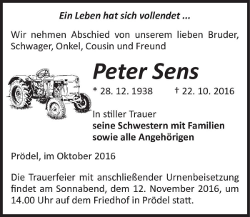 Traueranzeige von Peter Sens  von Magdeburger Volksstimme