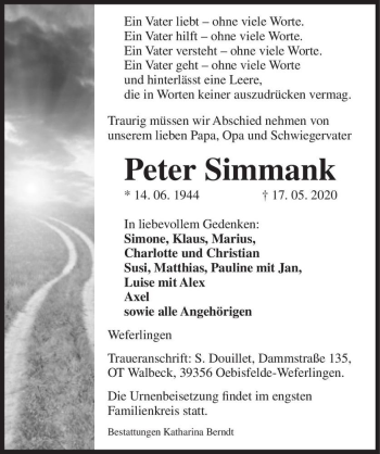 Traueranzeige von Peter Simmank  von Magdeburger Volksstimme