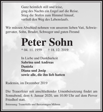 Traueranzeige von Peter Sohn  von Magdeburger Volksstimme