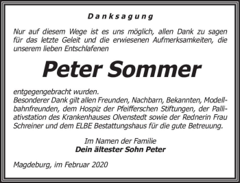 Traueranzeige von Peter Sommer  von Magdeburger Volksstimme