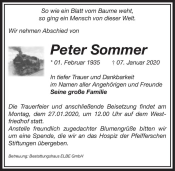 Traueranzeige von Peter Sommer  von Magdeburger Volksstimme