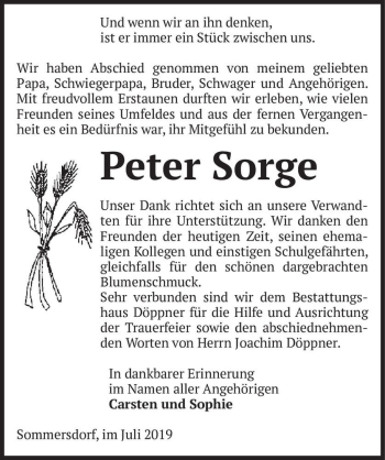 Traueranzeige von Peter Sorge  von Magdeburger Volksstimme