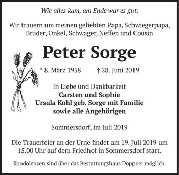 Traueranzeige von Peter Sorge  von Magdeburger Volksstimme