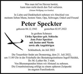 Traueranzeige von Peter Speckter  von Magdeburger Volksstimme