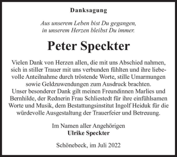 Traueranzeige von Peter Speckter  von Magdeburger Volksstimme