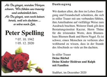 Traueranzeige von Peter Spelling  von Magdeburger Volksstimme