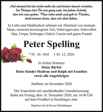Traueranzeige von Peter Spelling  von Magdeburger Volksstimme