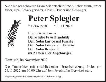 Traueranzeige von Peter Spiegler  von Magdeburger Volksstimme