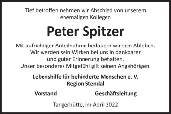 Traueranzeige von Peter Spitzer  von Magdeburger Volksstimme