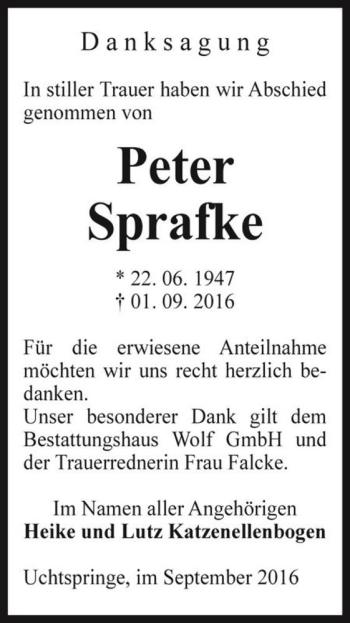 Traueranzeige von Peter Sprafke  von Magdeburger Volksstimme