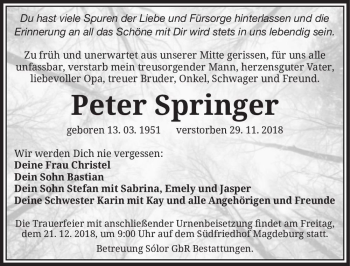 Traueranzeige von Peter Springer  von Magdeburger Volksstimme