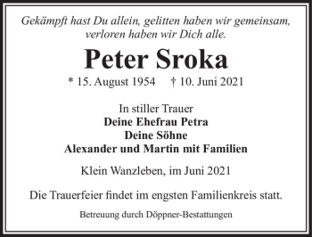 Traueranzeige von Peter Sroka  von Magdeburger Volksstimme