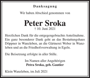Traueranzeige von Peter Sroka  von Magdeburger Volksstimme