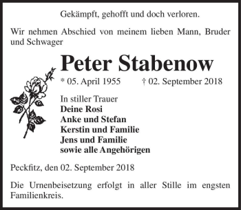 Traueranzeige von Peter Stabenow  von Magdeburger Volksstimme