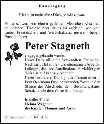 Traueranzeige von Peter Stagneth  von Magdeburger Volksstimme