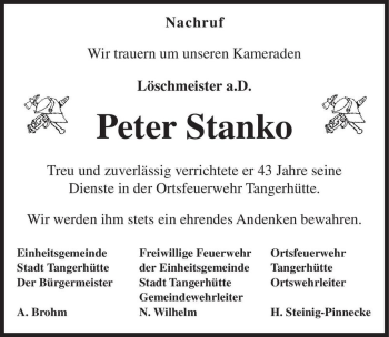 Traueranzeige von Peter Stanko  von Magdeburger Volksstimme