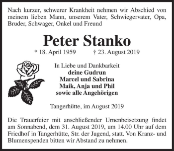 Traueranzeige von Peter Stanko  von Magdeburger Volksstimme