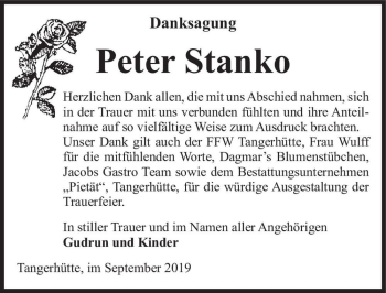 Traueranzeige von Peter Stanko  von Magdeburger Volksstimme