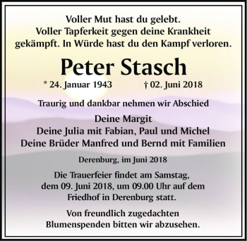Traueranzeige von Peter Stasch  von Magdeburger Volksstimme