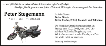Traueranzeige von Peter Stegemann  von Magdeburger Volksstimme