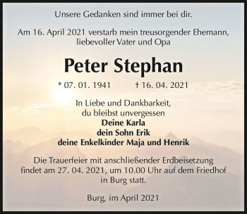 Traueranzeige von Peter Stephan  von Magdeburger Volksstimme
