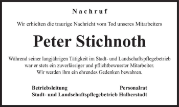 Traueranzeige von Peter Stichnoth  von Magdeburger Volksstimme