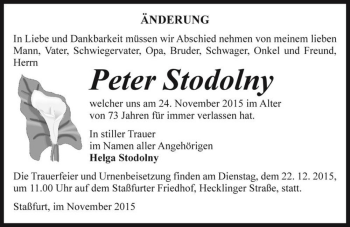 Traueranzeige von Peter Stodolny  von Magdeburger Volksstimme