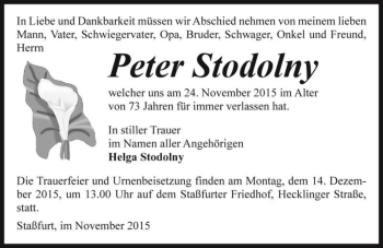 Traueranzeige von Peter Stodolny  von Magdeburger Volksstimme