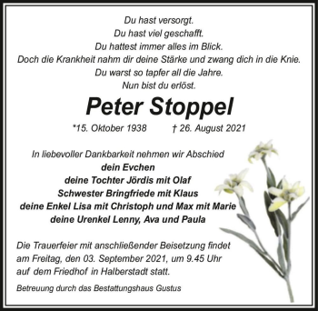 Traueranzeige von Peter Stoppel  von Magdeburger Volksstimme