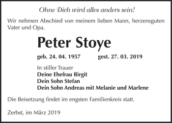 Traueranzeige von Peter Stoye  von Magdeburger Volksstimme