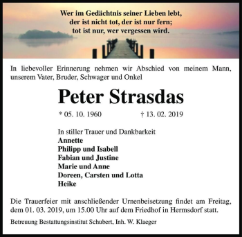 Traueranzeige von Peter Strasdas  von Magdeburger Volksstimme