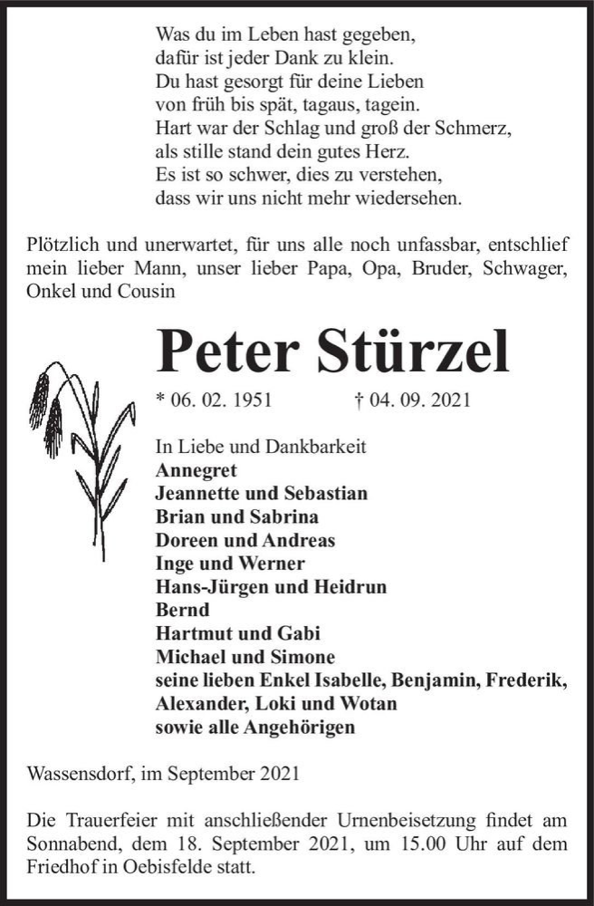  Traueranzeige für Peter Stürzel  vom 07.09.2021 aus Magdeburger Volksstimme