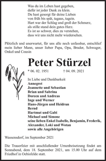Traueranzeige von Peter Stürzel  von Magdeburger Volksstimme