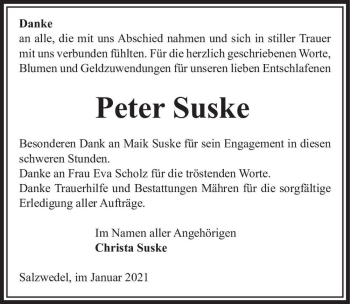 Traueranzeige von Peter Suske  von Magdeburger Volksstimme