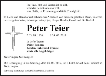 Traueranzeige von Peter Teier  von Magdeburger Volksstimme