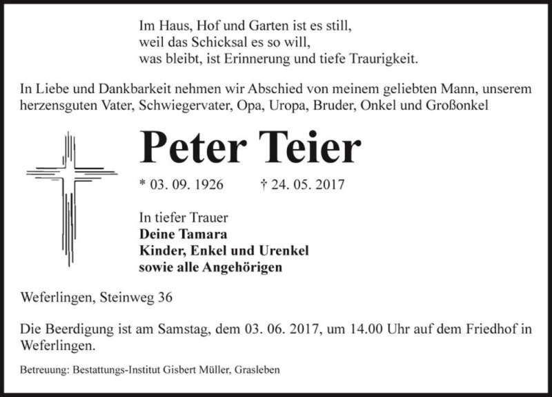  Traueranzeige für Peter Teier  vom 31.05.2017 aus Magdeburger Volksstimme