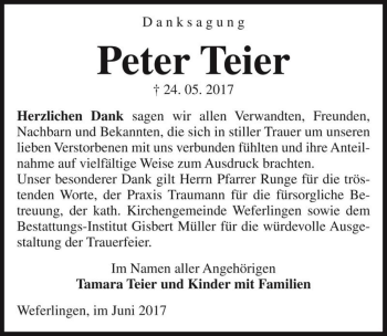 Traueranzeige von Peter Teier  von Magdeburger Volksstimme