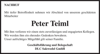 Traueranzeige von Peter Teiml  von Magdeburger Volksstimme