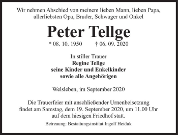 Traueranzeige von Peter Tellge  von Magdeburger Volksstimme