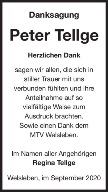Traueranzeige von Peter Tellge  von Magdeburger Volksstimme