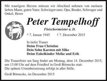 Traueranzeige von Peter Tempelhoff  von Magdeburger Volksstimme