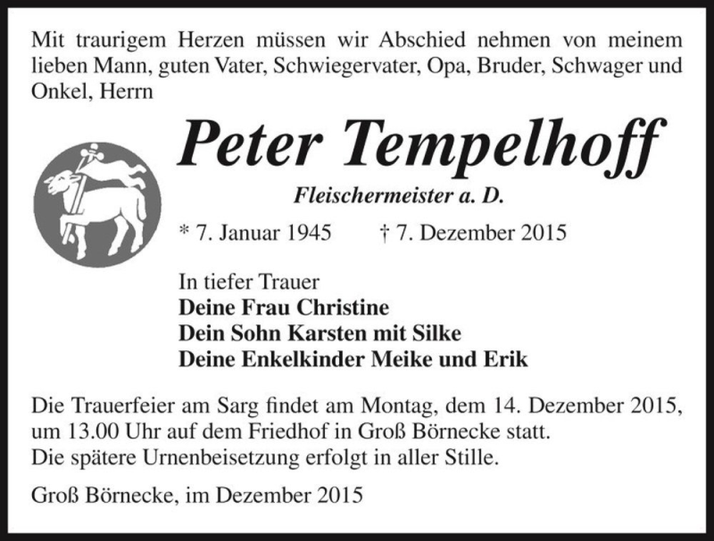  Traueranzeige für Peter Tempelhoff  vom 12.12.2015 aus Magdeburger Volksstimme