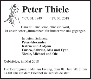 Traueranzeige von Peter Thiele  von Magdeburger Volksstimme