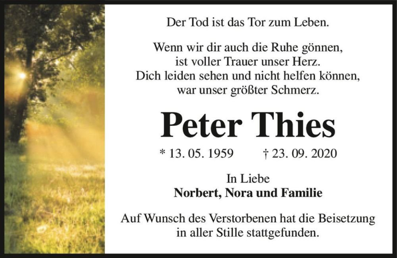  Traueranzeige für Peter Thies  vom 10.10.2020 aus Magdeburger Volksstimme