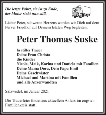 Traueranzeige von Peter Thomas Suske  von Magdeburger Volksstimme