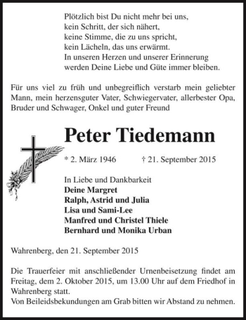 Traueranzeige von Peter Tiedemann  von Magdeburger Volksstimme